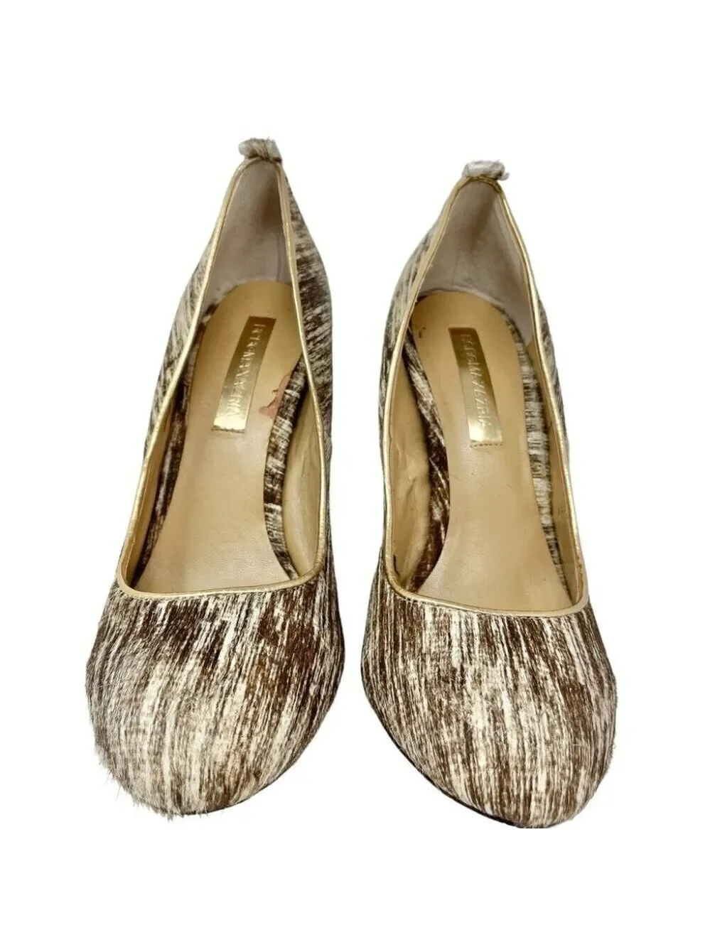 BCBG MaxAzria Ma-Valletta Calfhair and Gold Wedge Heels US 7